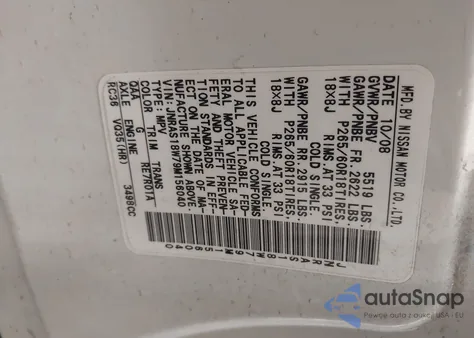 2009 Infiniti Fx35 из США, поврежденный, VIN JNRAS18W79M156040